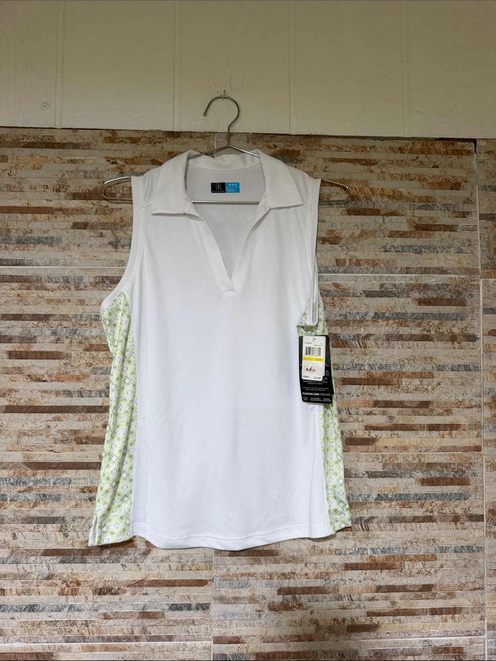 PGA Tour White Sleeveless Golf Top with Light Green Side Panels